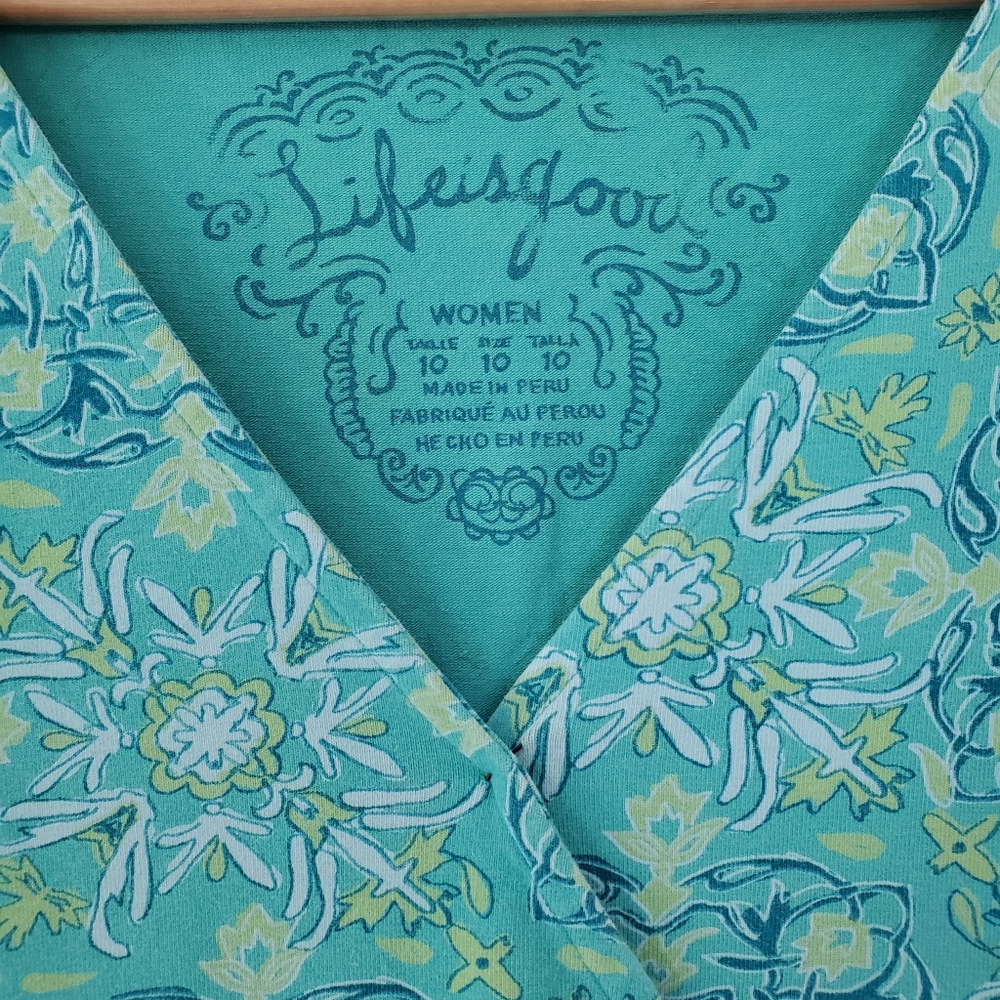 LIFE IS GOOD 10 Turquoise Green V-Neck Sleeveless Active Dress Boho Floral Comfy - Picture 2 of 12